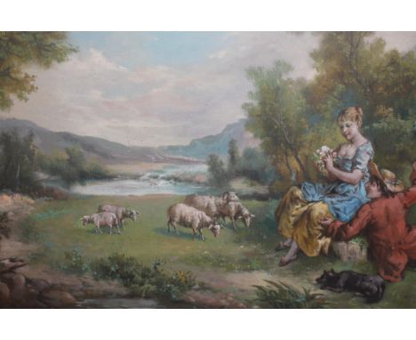 Oil on board, figures and sheep in an extensive landscape, signed Jenkins, 24ins x 48ins, in a 19th Century gilded compositio