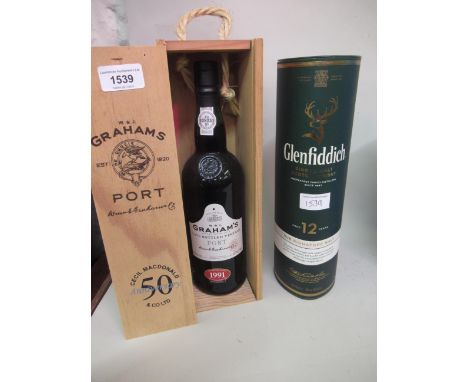 One bottle, 1991 Graham's Port in box, together with one bottle, Glenfiddich Select Cask Single Malt Scotch whisky, in box 