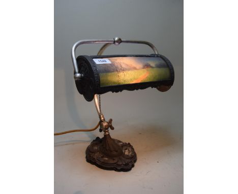 20th Century silvered adjustable desk lamp with shade, having hand painted landscape panel, signed Miller to the base.34cm ta