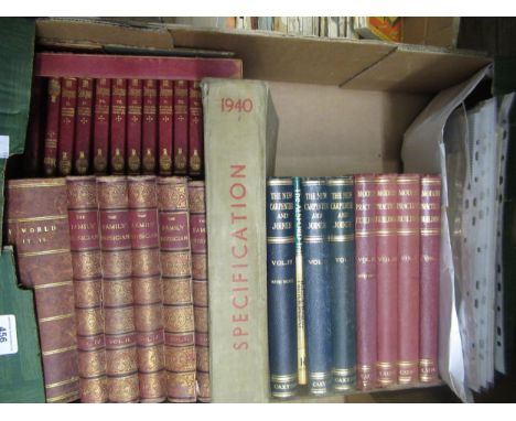 Boxed set of red leather bound volumes of Shakespeare (box at fault), together with 1940 book specification, other books on c