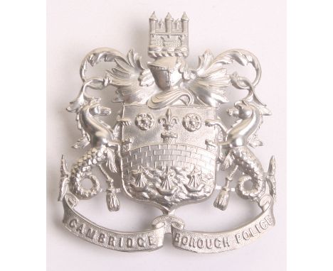 Cambridge Borough Police Helmet Badge, white metal coat of arms, complete with two lug fittings on the reverse 