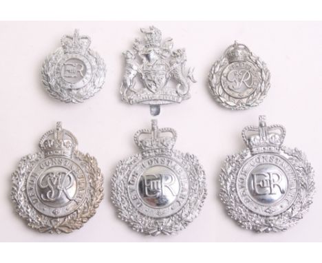 Six Devon Constabulary badges, Kings crown chrome wreath George VI helmet plate, Queens crown chrome wreath EIIR centre helme