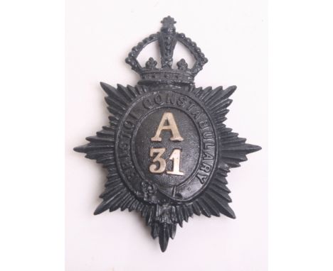 Scarce Victorian Bristol Constabulary Helmet Plate, Guelphic pattern crown, black star, white metal ‘A-31’ centre, complete w