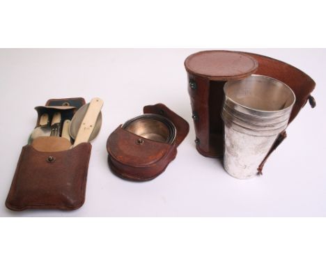 Gentlemans Travelling EPNS Beakers complete with the original outer leather carrying case. Accompanied by a travelling telesc