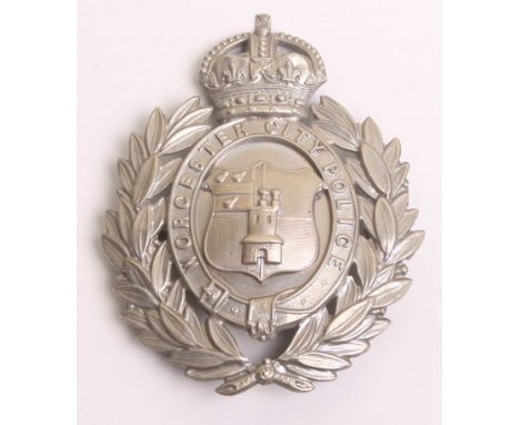 Worcester City Police Kings Crown Helmet Badge, white metal wreath, complete with two lug fittings on the reverse 