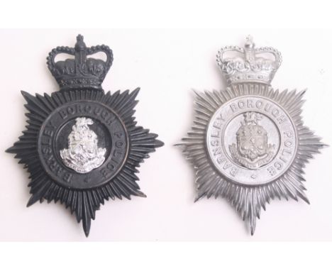 Two Barnsley Borough Police Helmet Plates, Queens crown, black/chrome stars, complete with lug fittings on the reverse (2 ite