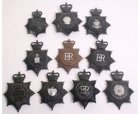 Ten Queens Crown Black Star Police Helmet Plates, Coventry police 2 x Gloucestershire constabulary, Isle of Ely constabulary,