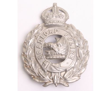 Early Bradford Police Kings Crown Helmet Badge, white metal wreath, complete with two lug fittings on the reverse 