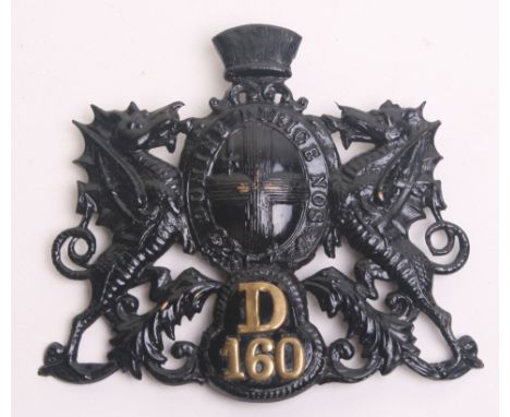 City of London ‘D’ Division Police Helmet Plate with brass D and number 160 to the lower section. D division was at Wood Stre