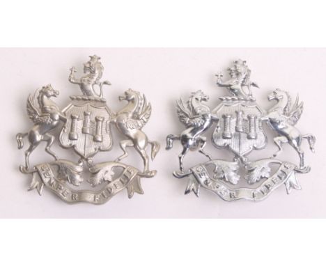 Two Exeter City Helmet Badges, white metal coat of arms and chrome coat of arms, both complete with lug fittings (2 items) 