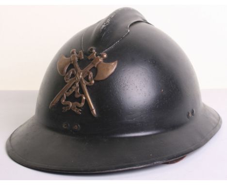 WW2 Occupied Belgium / France Fire Mans Helmet being the Military type Adrian pattern steel helmet painted black and fitted w