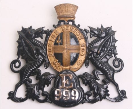 City of London ‘E’ Division Police Helmet Plate with staybright  E and number 999 to the lower section. Two lug fittings on r