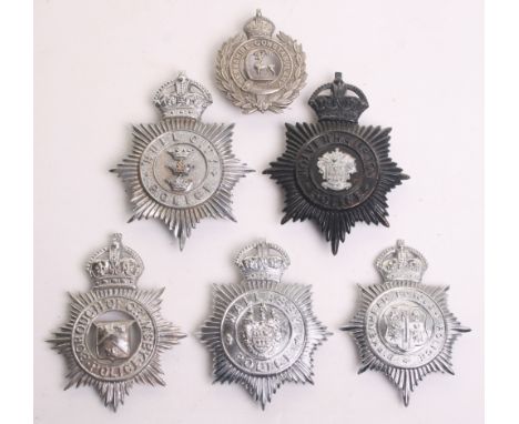 Six Kings Crown Police Helmet Plates, Berkshire Constabulary white metal wreath, Birkenhead Borough Police, chrome star, Boro