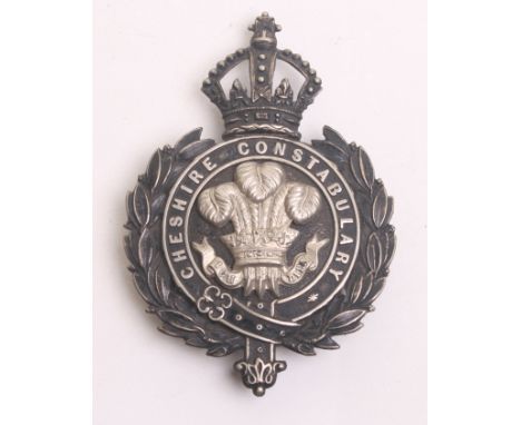 Victorian Cheshire Constabulary Helmet Plate, Guelphic pattern crown, blackened white metal wreath, complete with three lug f