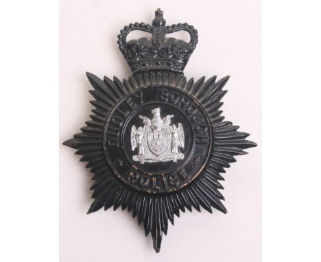 Dudley Borough Police Queens Crown Helmet Badge ,black star, with chrome coat of arms centre, complete with lug fittings on r