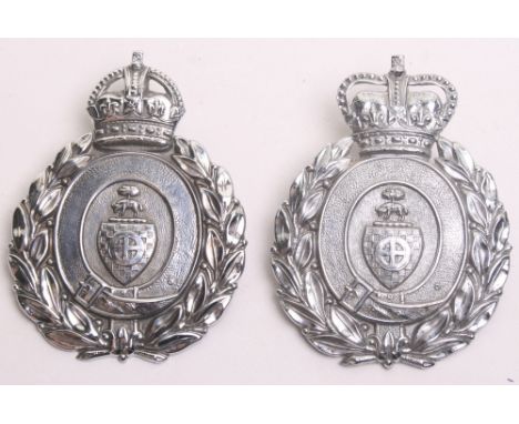Two Dewsbury Borough Helmet Badges, Kings crown chrome wreath and a Queens crown chrome wreath, both complete with two lug fi