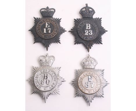 Four Bristol Constabulary Helmet Plates, Kings crown, black star, chrome nos ‘B-23’  Kings crown, chrome star, nos ‘B-37’ Que