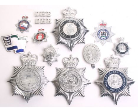 A Selection of Dockyard Police Badges, including Belfast Harbour police chrome cap badge (copy) Queens crown Dover Harbour Bo