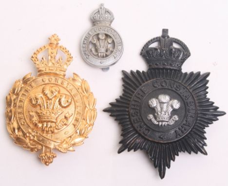 Three Cheshire Constabulary badges, Guelphic pattern crown, gilt metal wreath cerimonial helmet plate, complete with three lu