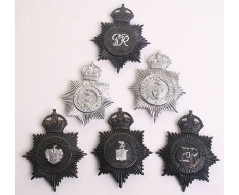 Six Kings Crown Police Helmet Plates, Burnley Borough Police chrome star, Gloucestershire Constabulary George 6th black star,