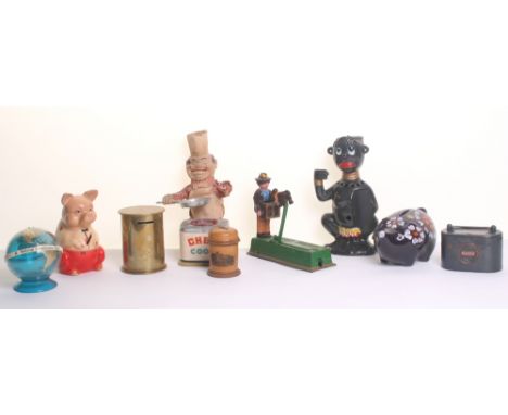 Large Quantity of Various Money Boxes, including reproduction cast iron mechanical Monkey Bank, ‘Tunbridge Ware’ screw top bo