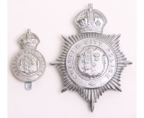 Chester City Police Helmet Badge, Kings crown, chrome star, complete with three lug fittings, plus a Kings crown chrome cap b