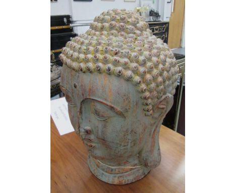 BUDDHA HEAD FIGURE, weathered coloured finish, in ceramic, 59cm H x 38cm W.