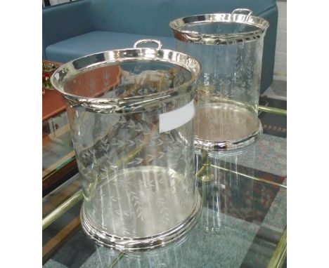 WINE COOLERS, a pair, circular with etched glass on chromed metal mounts, 33cm H. (2)