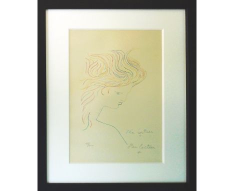 JEAN COCTEAU, 'Tête en profil', original lithograph in colours on cream Arches paper, handsigned and numbered 16/200 in penci