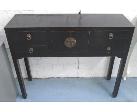 CONSOLE TABLE, Chinese style in black lacquer with four drawers and cupboard on square supports, 95cm x 28cm x 79cm H.