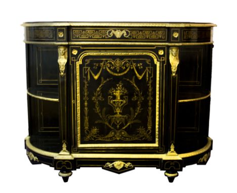 SIDE CABINET, Napoleon III ebonised with decorative brass inlay and gilt metal mounts, the central door flanked by bowed open