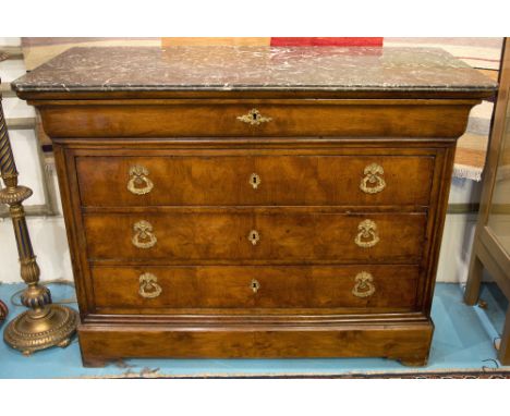 COMMODE, Louis Philippe, walnut, with grey marble top, above four drawers, 95cm H x 125cm W x 55cm D.