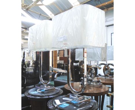 TABLE LAMPS, a pair, contemporary style in chromed metal with shades, 74cm H. (2)