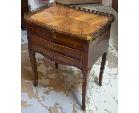 PETITE COMMODE, Louis XV rosewood and kingwood, with a pierced three quarter gallery, a leather brushing slide over two drawe