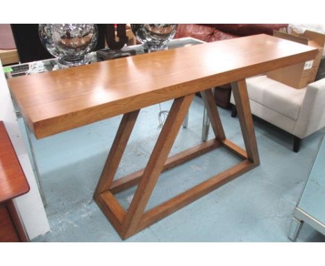 CONSOLE TABLE, contemporary rectangular, oak, on angled framed support, 180cm W x 45cm D x 87cm H. 