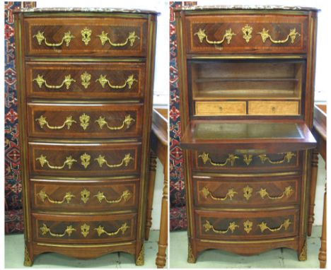 SECRETAIRE COMMODE, 19th century French, rosewood, crossbanded and brass mounted, of bowed outline with a rouge marble top, o