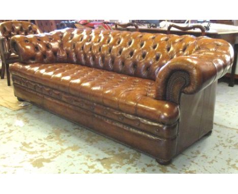 CHESTERFIELD SOFA, traditional faded tan brown leather and deep button upholstered, 223cm W.