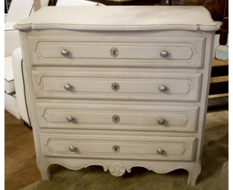 COMMODE, Louis XV design, traditionally grey painted, with four long drawers and silvered escutcheons, 94cm W x 51cm D x 90cm