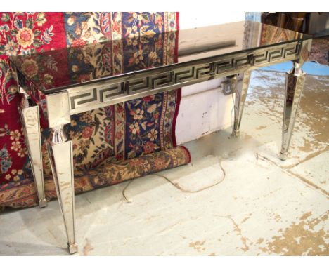 CONSOLE TABLE, modern chrome with Greek key frieze and tempered black glass top, 76cm H x 140cm W x 45cm D.