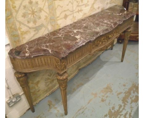 CONSOLE TABLE, Louis XVI style giltwood with a shaped marble top and three short drawers below on fluted turned supports, 199