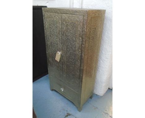 CABINET, metal, patterned design finish, with drawer, 65cm W x 35cm D x 130cm H (with faults).