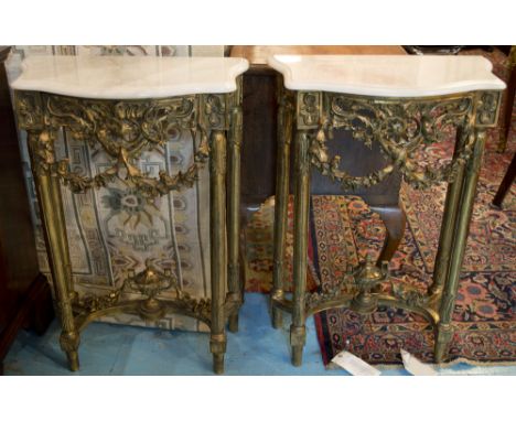 CONSOLE TABLES, a pair, Louis XV style gilt framed with a serpentine shaped marble top and floral, scroll and swag decoration