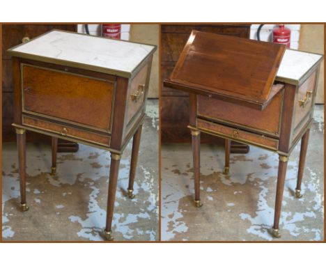 READING TABLE, Louis XVI thuya, mahogany and brass mounted with a white marble top over a pull out slope on ratchet with cupb