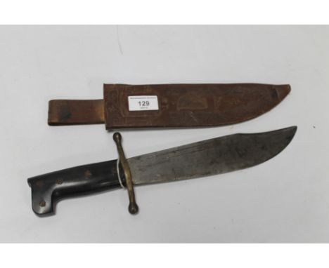 A COLLINS LEGITINUS BOWIE TYPE KNIFE in leather scabbard, with later scratch carved graffiti to scabbard and grip