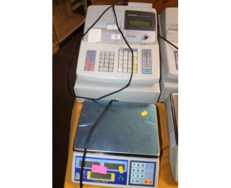 A SHARP XE-A303 ELECTRONIC TILL TOGETHER WITH A SET OF EXCELL ELECTRONIC SCALES 