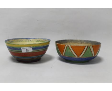 TWO CLARICE CLIFF HAND PAINTED BOWLS BOTH BIZARRE PATTERN 
