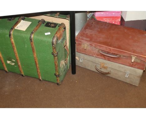 A WOOD BOUND PACKING TRUNK TOGETHER WITH TWO VINTAGE CASES 