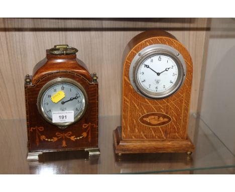 A SMITHS WOODEN INLAID DOME MANTLE CLOCK TOGETHER WITH ANOTHER MANTLE CLOCK 