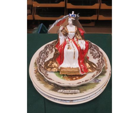 SPODE WAVE EDGED DISH, FOUR LARGE CERAMIC PLAQUES AND COALPORT QUEEN VICTORIA FIGURE (AT FAULT)