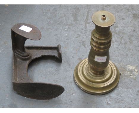HEAVY TURNED BRASS LAMP BASE AND OLD SHOE LAST 